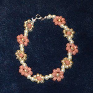 Coral & Gold Color Seed Beaded Flowers w/ Glass Pearls Bracelet